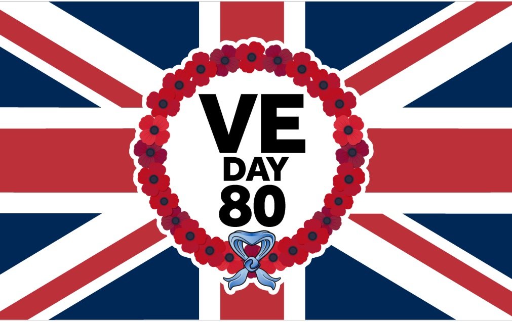 An image of the Union Jack with the number 80 on it to celebrate the 80th Anniversary of Victory in Europe at the end of the Second World War